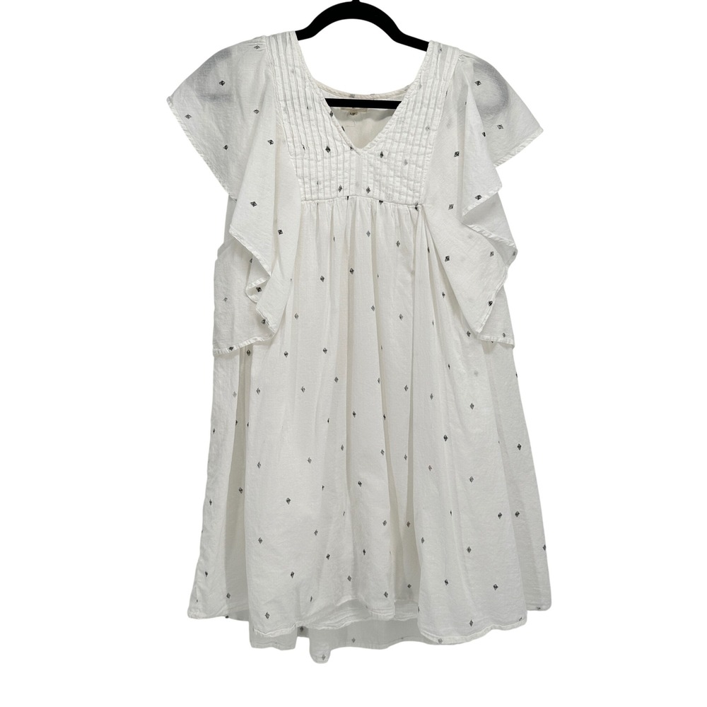 World Market Women L/XL White Cotton Ikat Print Flutter Sleeve Boho Tunic Dress